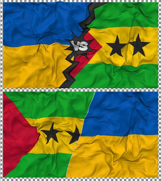 Sao Tome e Principe contro l'Ucraina Mezzina bandiera combinata tessuto di stoffa Bump Rendering 3D