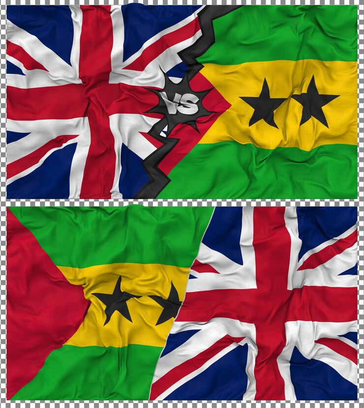 PSD sao tomé et principe contre le royaume-uni half combined flag cloth bump texture rendering 3d