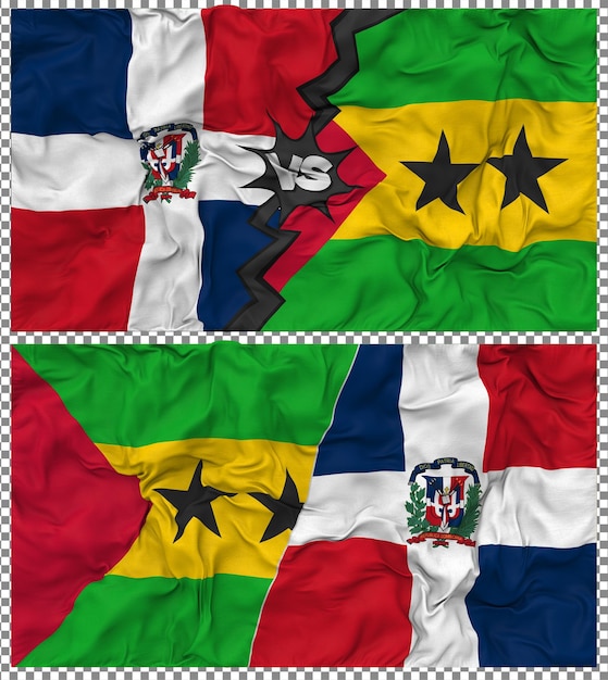Sao Tome und Principe gegen Dominikanische Halbkombinierte Flagge Stoff-Bump-Textur 3D-Rendering