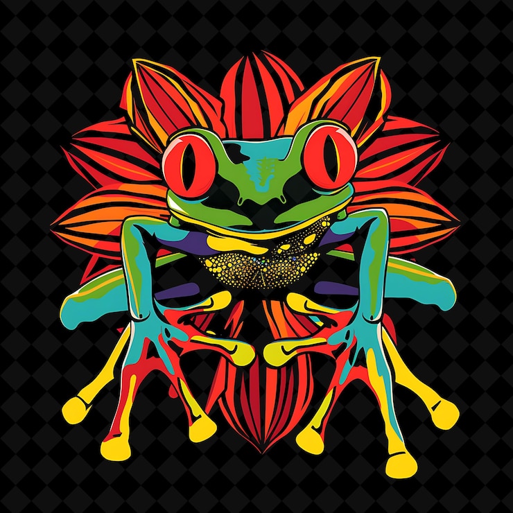 PSD sapo de árvore de olhos vermelhos com pétalas de flores de anthurium e simplifique o design vector de ilustração criativa