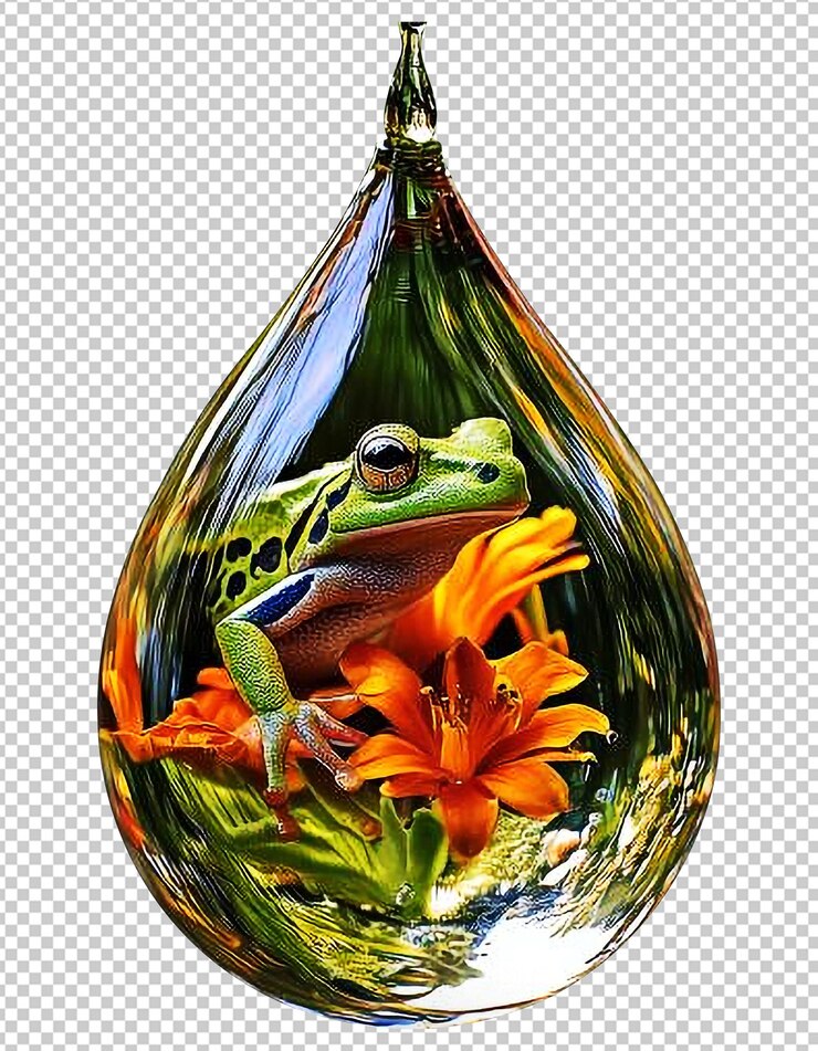 PSD sapo em uma flor envolto em uma gota semelhante a vidro com fundo transparente