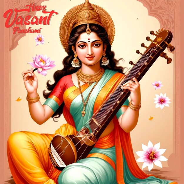 Saraswati mata avec son sitar sur un fond blanc