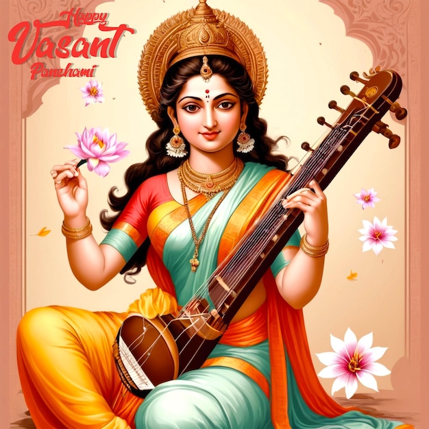 Saraswati mata con su sitar de fondo blanco