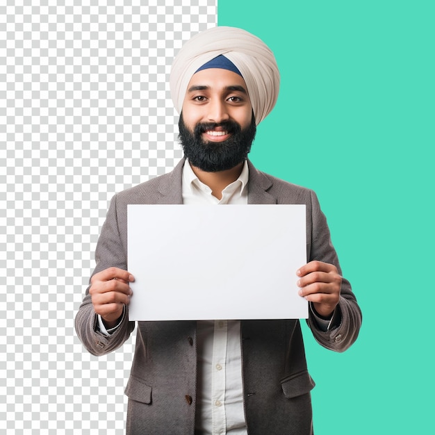 PSD sardar sikh indiano segurando um papel de sinalização em branco em fundo transparente isolado