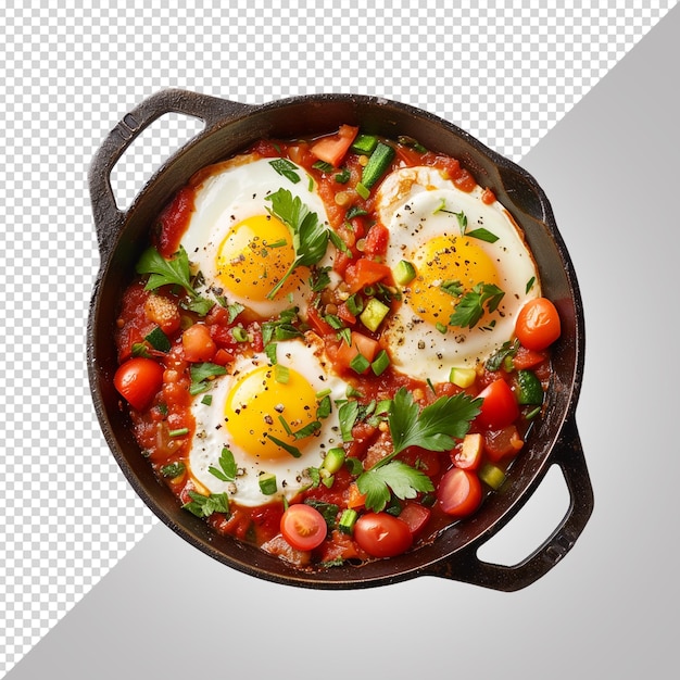 Una sartén con huevos y tomates cocinando en una sartén