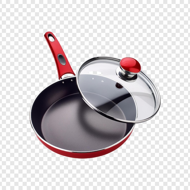 PSD una sartén con una tapa roja y una sarté con una tapadora roja que dice sartén