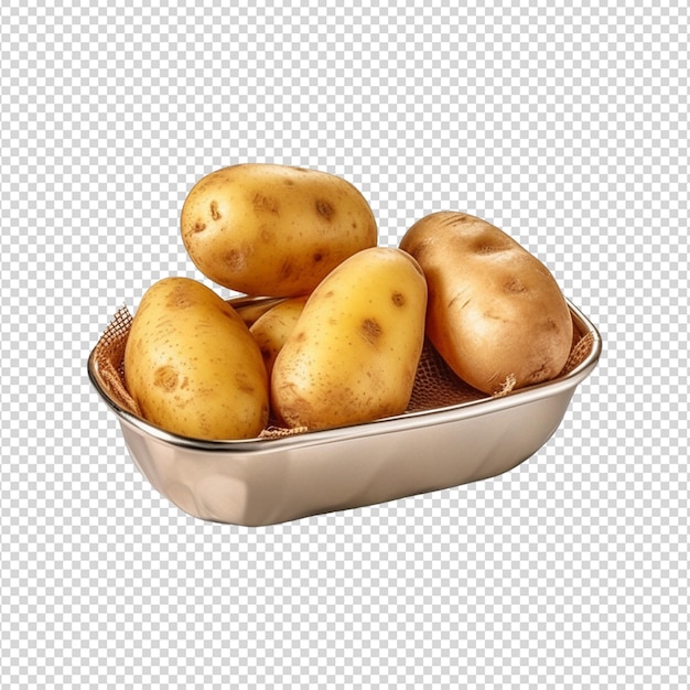 PSD sartén con tres patatas al horno sobre un fondo blanco transparente