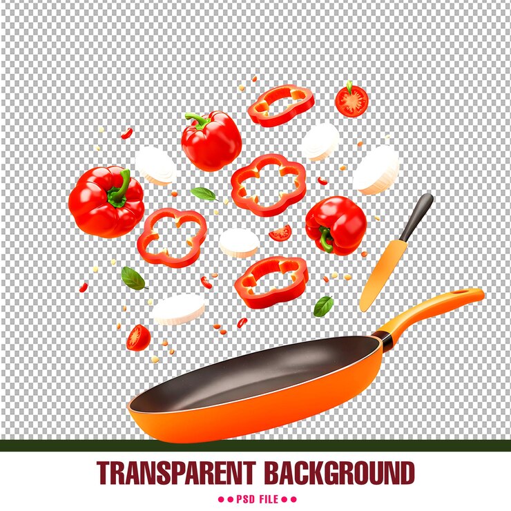 PSD sartén con verduras flotantes y cuchillo sobre un fondo transparente