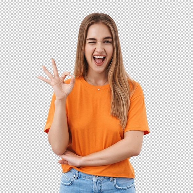 Sassy chica rubia mostrar está bien señal guiño y sonriendo asegurar que le gustará esta mejor elección jamás hecha garantía de la mejor calidad satisfecho después de pasar cursos de aprendizaje electrónico seguro de la decisión