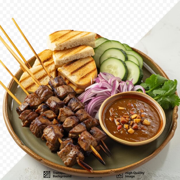 PSD satay de porc et satay de foie avec pain et sauce aux arachides et cornichons qui sont des tranches de concombre et des oignons au vinaigre style cuisine asiatique