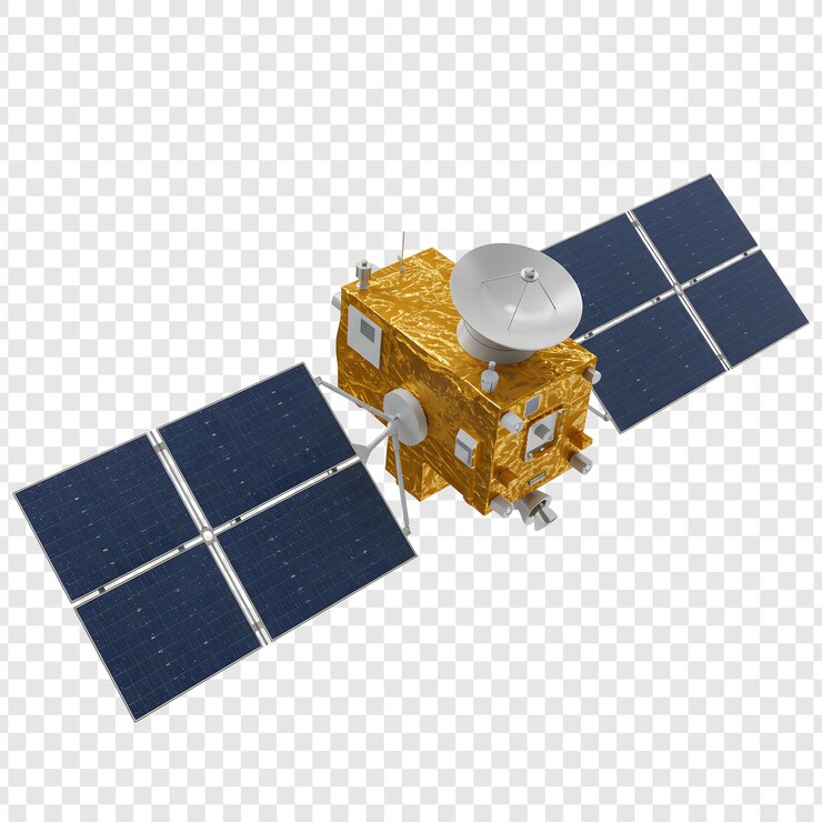 Satellite in orbita con pannelli solari e antenna