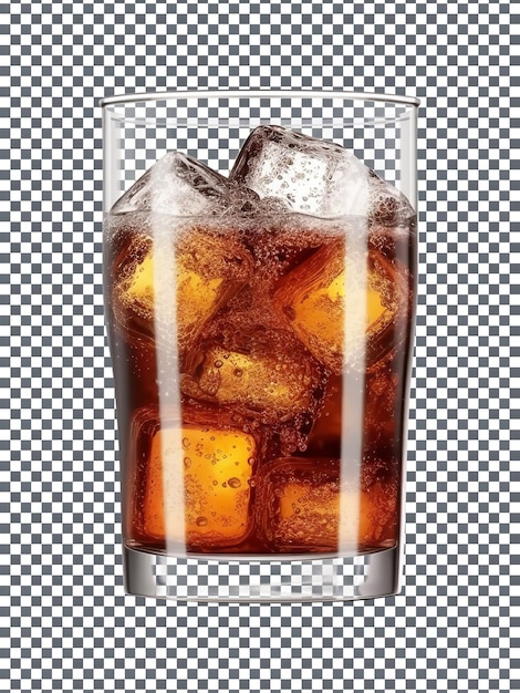 Satisfactorio vaso de cola con cubitos de hielo fresco sobre fondo transparente