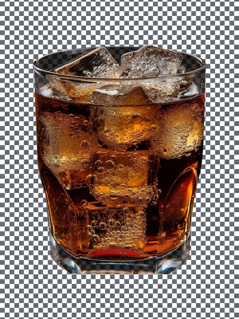 PSD satisfactorio vaso de cola con cubitos de hielo fresco sobre fondo transparente