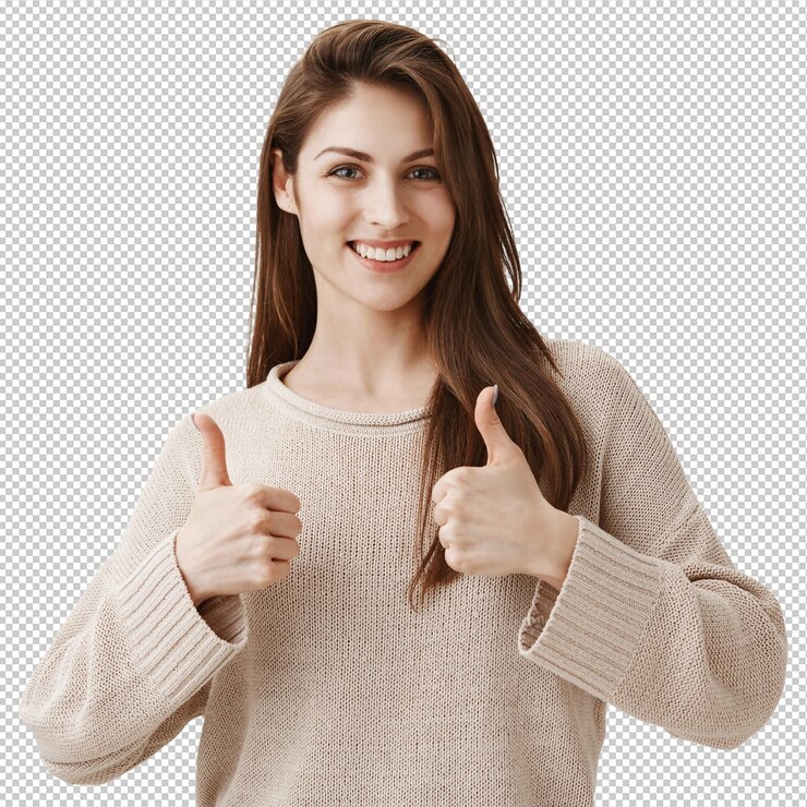 PSD satisfied girl showing well done thumbsup gesture smiling pleased