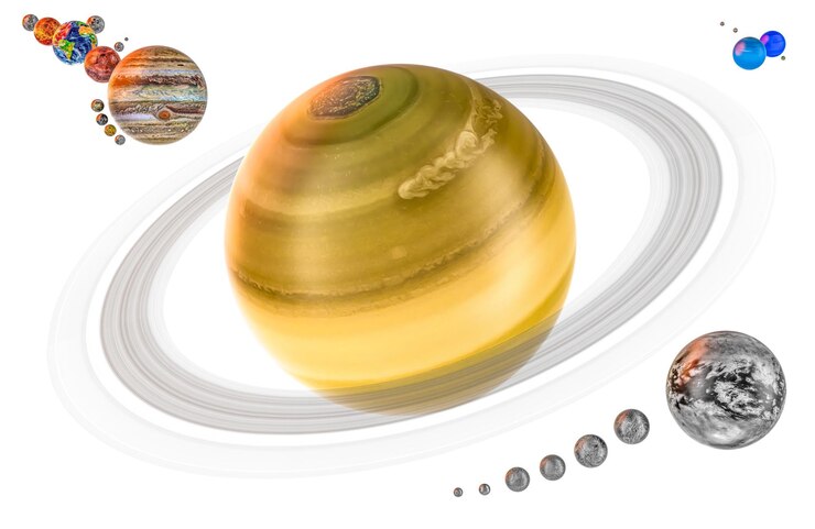 PSD saturno y sus satélites con textura realista y representación 3d del sistema solar aislados sobre un fondo transparente