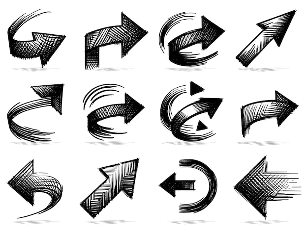 Satz abstrakter Kritzel-Vektorpfeilsymbole, die mit einem Bleistift entworfen wurden