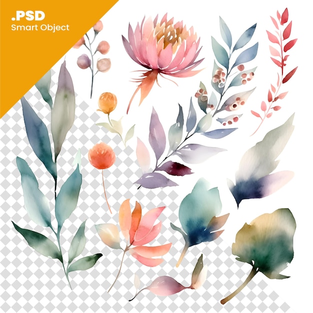 PSD satz aquarellblumen und -blätter. handgezeichnete illustration. psd-vorlage