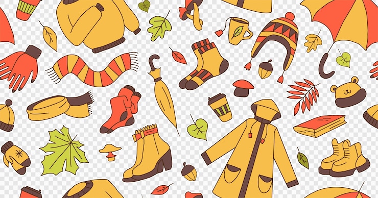 PSD satz der illustration, die nahtloses muster der hellen karikatur des herbstes im kindischen stil symbolisiert