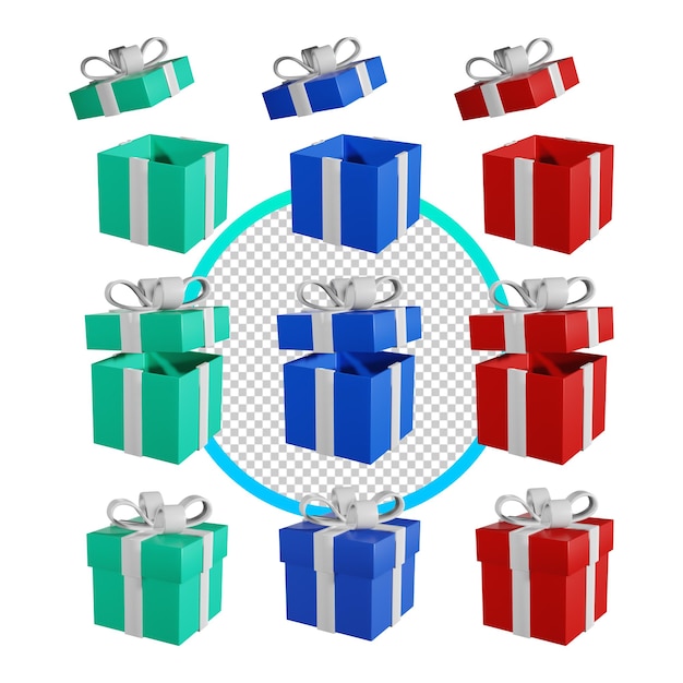 satz der mehrfarbigen geschenkbox lokalisierte 3d-render-symbolillustration