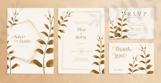 Satz einfache Hochzeitseinladung mit braunen Blättern Aquarellverzierungen
