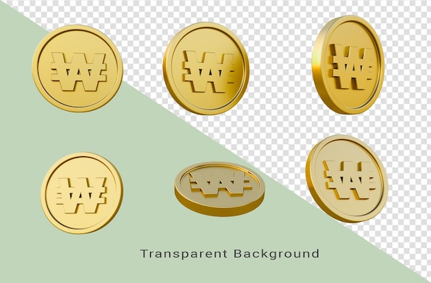 Satz Goldmünzen mit gewonnenem Währungszeichen oder Symbol 3d-Illustration minimale 3D-Darstellung