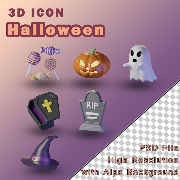 Satz Halloween-Artikel isoliert auf transparentem Hintergrund 3D-Illustration mit hoher Auflösung