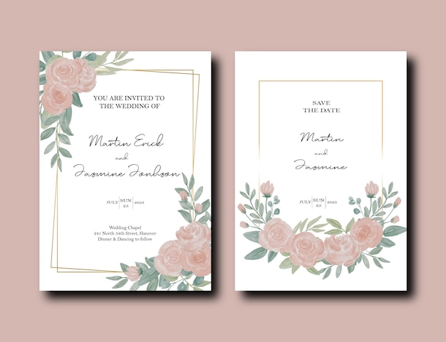 Satz Hochzeitseinladungskarte mit Pfingstrosenblume und Blättern auf Goldrahmendesign