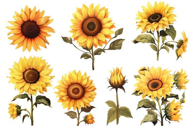 Satz Sonnenblumen isoliert auf weißem Hintergrund Vektorillustration