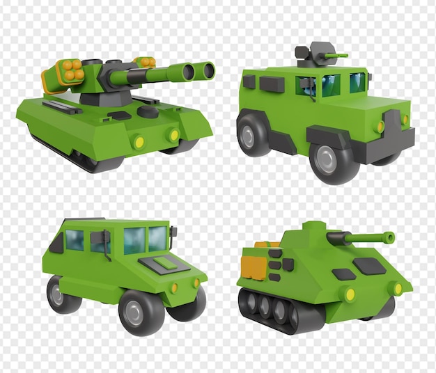 Satz von 3D-Rendering-Ikonen für Militärfahrzeuge