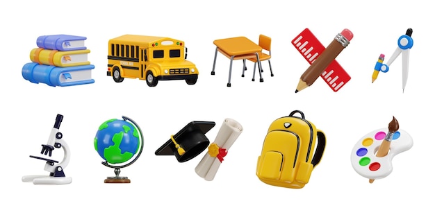 Satz von Bildungs-Ikonen 3D-Rendering-Konzept von Schul-Iconen Satz Vektor-Illustration