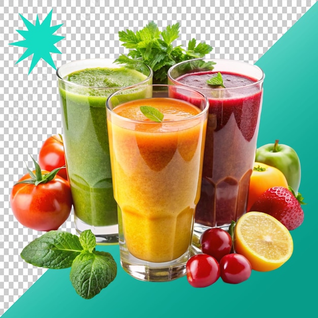 Satz von frisch gepressten Gemüsesaft-Smoothie auf durchsichtigem Hintergrund