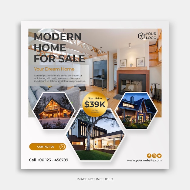 Saubere moderne social-media-instagram-vorlage mit home-for-sale-banner-anzeigen-konzept