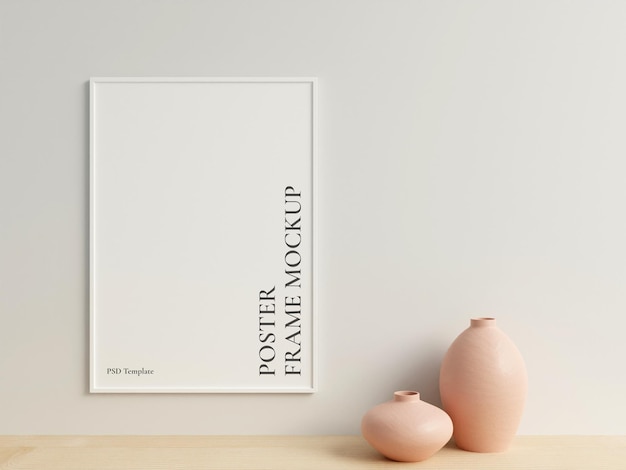 Sauberes und minimalistisches vertikales weißes Foto- oder Posterrahmenmodell der Vorderansicht, das an der Wand hängt, mit Vase 3D-Rendering