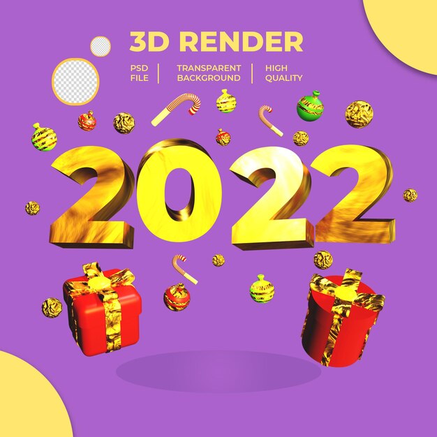 Saudação de ano novo 3d render com caixa de presente e doces