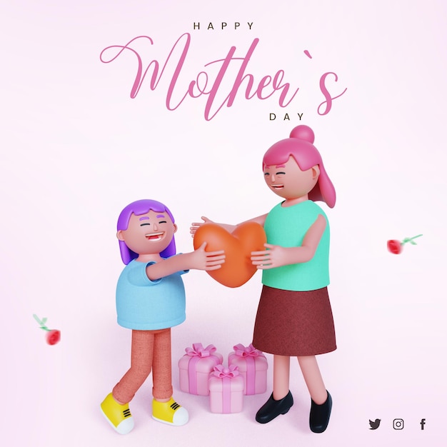 Saudação de modelo de dia das mães feliz com personagem de renderização 3d mãe e menina