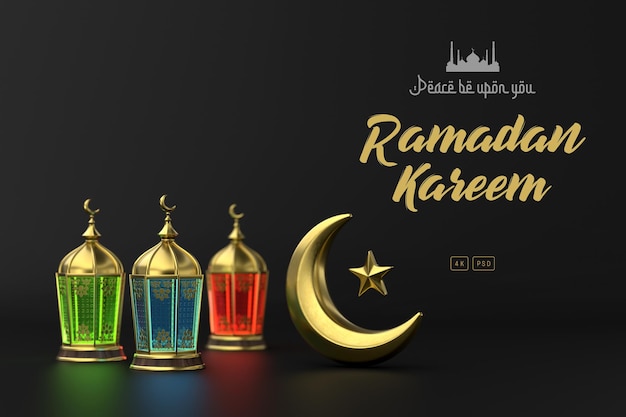 PSD saudações islâmicas 3d fundo do modelo de design de cartão ramadan kareem com lindas lanternas