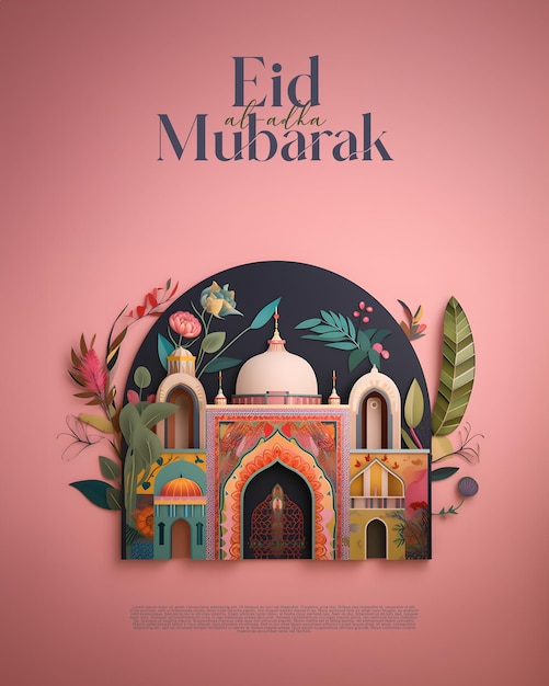 PSD saudações islâmicas eid al adha mubarak mídia social post 3d estilo realista generativo ai