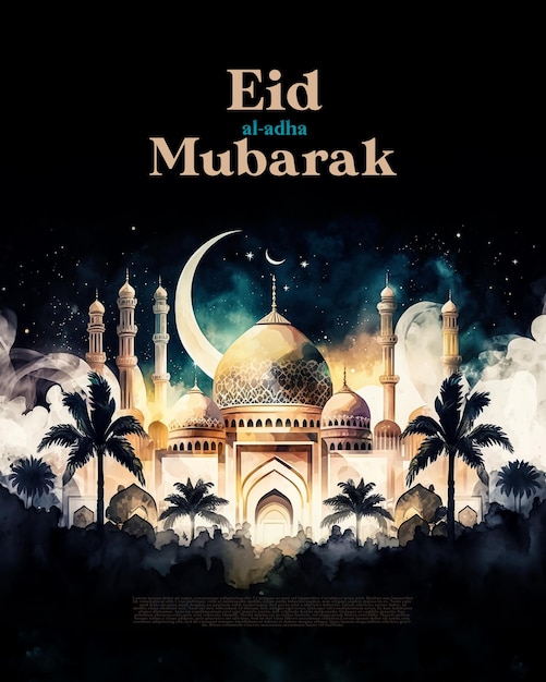 PSD saudações islâmicas eid al adha mubarak postagem nas redes sociais em estilo cartoon 3d generativo ai