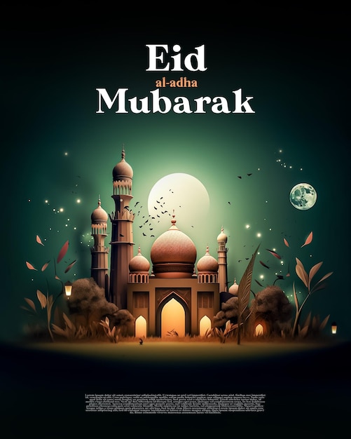 PSD saudações islâmicas eid al adha mubarak postagem nas redes sociais em estilo cartoon 3d generativo ai