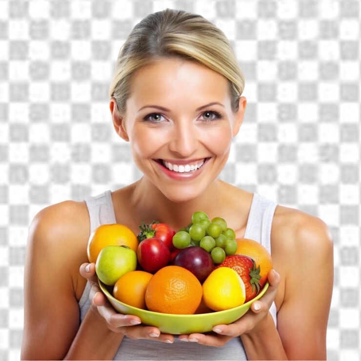 saúde feliz e retrato de mulher com frutas em fundo transparente
