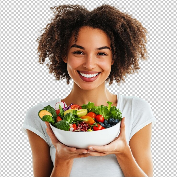 PSD saúde feliz e retrato de mulher com frutas em fundo transparente