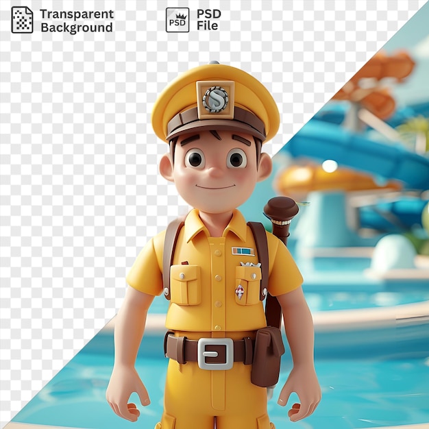 PSD un sauveteur en 3d patrouille dans un parc aquatique animé sous un ciel bleu portant un chapeau jaune et une ceinture brune et noire avec un jouet à proximité et une piscine bleue en arrière-plan