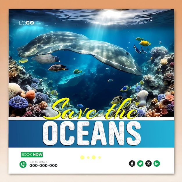 Save the oceans world oceans day social media banner template ai generiert