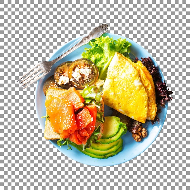 Savoureuse omelette au saumon et avocat isolé sur fond transparent