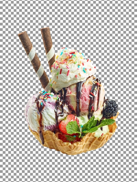 PSD savoureuses boules de crème glacée au sirop de chocolat dans un panier à gaufres avec fond transparent