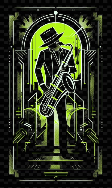 PSD saxofonista en un club de jazz ahumado con detalles de art deco ilustración de carteles diseños de carteles de música