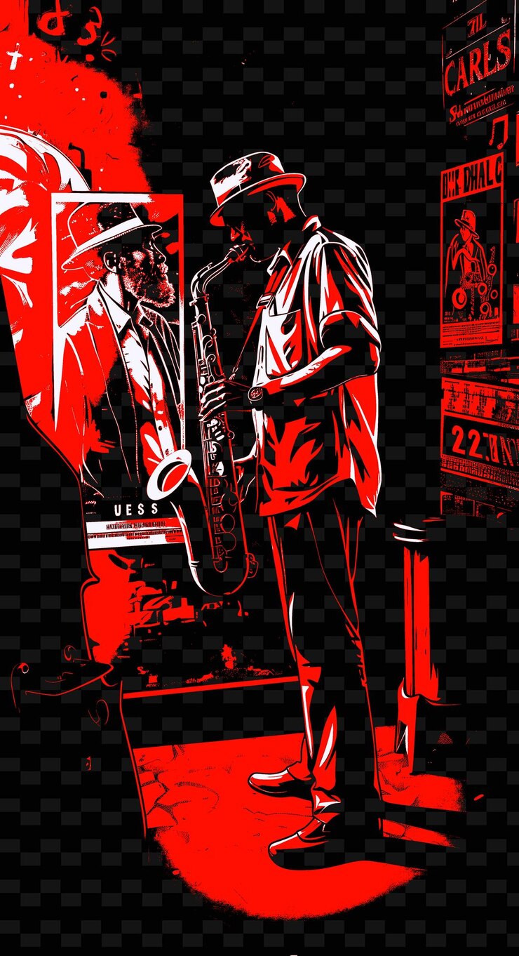 PSD saxofonista en un club de jazz con iluminación tenue y ilustraciones de poses vintage diseños de carteles de música