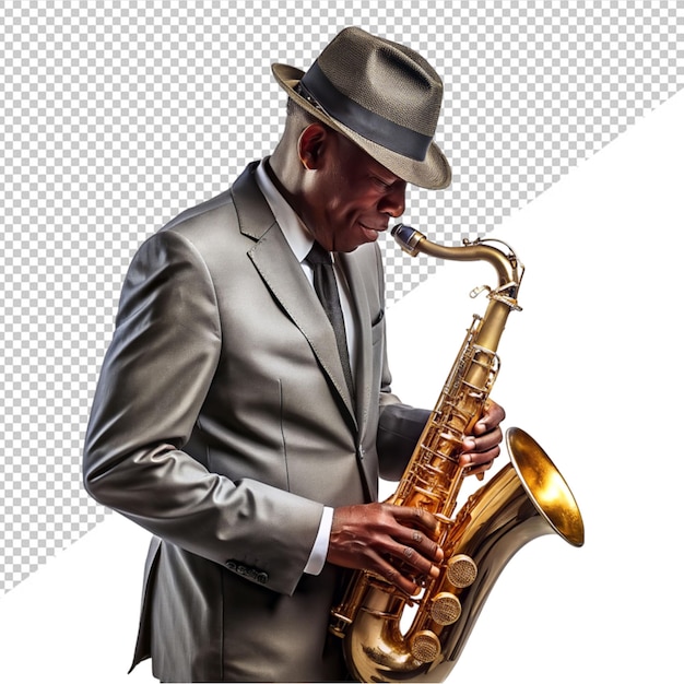 PSD saxofonista de jazz estadounidense con sombrero tocando en un fondo transparente