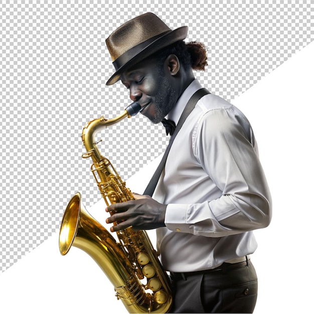 Saxofonista de jazz estadounidense con sombrero tocando en un fondo transparente