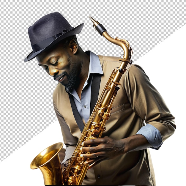 PSD saxophoniste de jazz américain en chapeau jouant sur un fond transparent